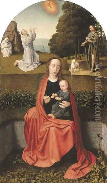 The Virgin and Child with the stigmatisation of Saint Francis of Assisi and Saint John the Baptist in the Wilderness Oil Painting - Gerard David