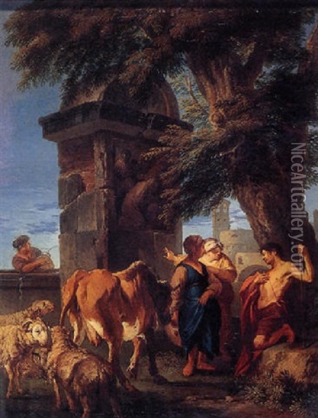 Peasants And Animals Resting Near A Funerary Monument Oil Painting - Andrea Locatelli