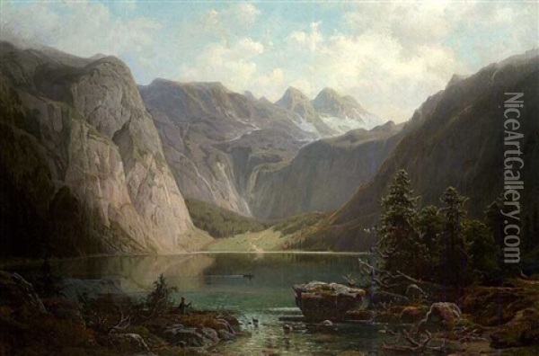 Gebirgslandschaft Mit See Und Rastendem Jager Oil Painting - Ernst Von Raven