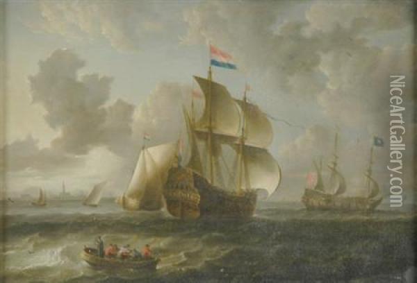 Dutch Shipping Off A Coast Oil Painting - Regnier Remigius Zeeman /