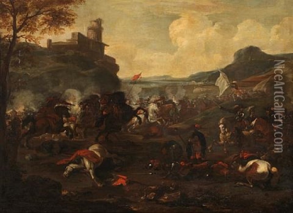 A Cavalry Skirmish Beneath A Castle On An Outcrop With A Plain Beyond Oil Painting - Francesco Monti