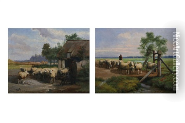 Berger Aux Moutons Devant Une Ferme. Paysage Anime D'un Berger Aux Moutons (pair) Oil Painting - Jef Louis Van Leemputten