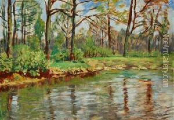 A Landscape With A Water Surface Oil Painting - Antonin Hudecek