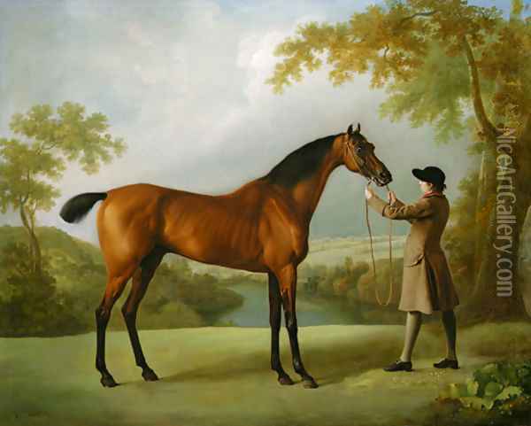Tristram Shandy, a bay racehorse held by a groom, in an extensive landscape Oil Painting - George Stubbs