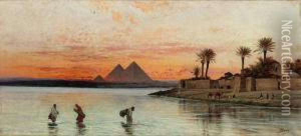 The Nile With The Pyramids Beyond Oil Painting - Peter Conrad Schreiber