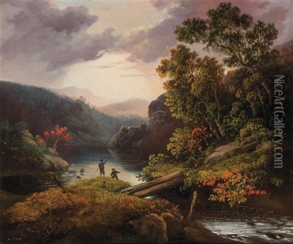Men Fishing, Fishing On The River (a Pair) Oil Painting - Thomas Doughty