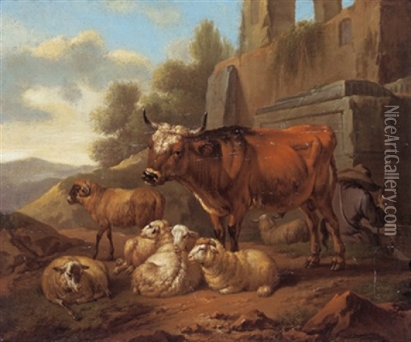 Hirte Und Herde In Einer Sudlichen Landschaft (+ Ein Hirte Mit Einem Stier Und Schafen In Einer Sudlichen Landschaft; Pair) Oil Painting - Johann Heinrich Roos