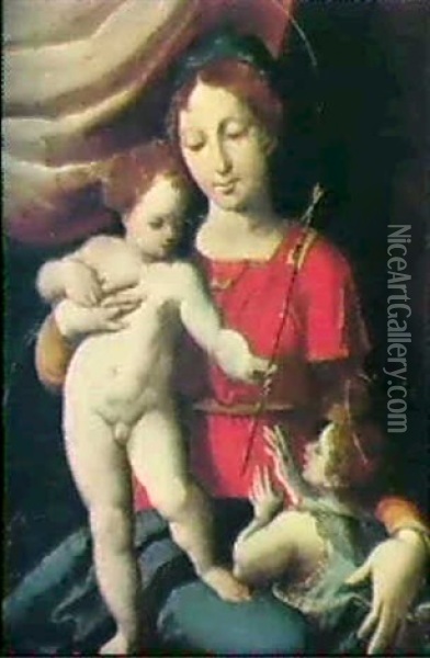 Madonna Mit Kind Und Johannes Oil Painting - Giovanni Battista (il Bergamasco) Castello