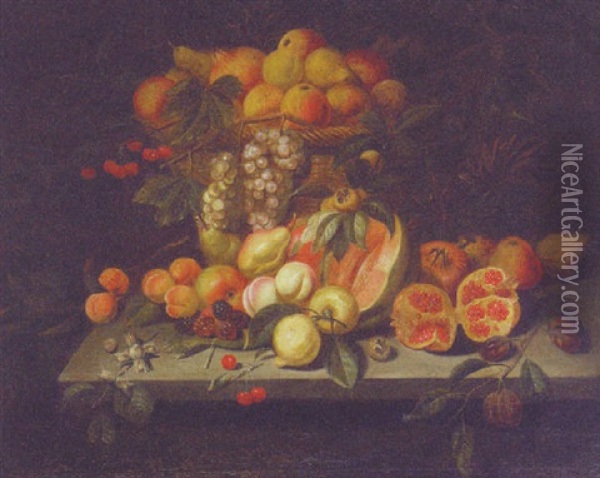 A Pomegranate, Apples, Peaches, Pears, Cherries And Grapes In A Basket With Other Fruit Strewn On A Stone Ledge Oil Painting - Abraham Brueghel