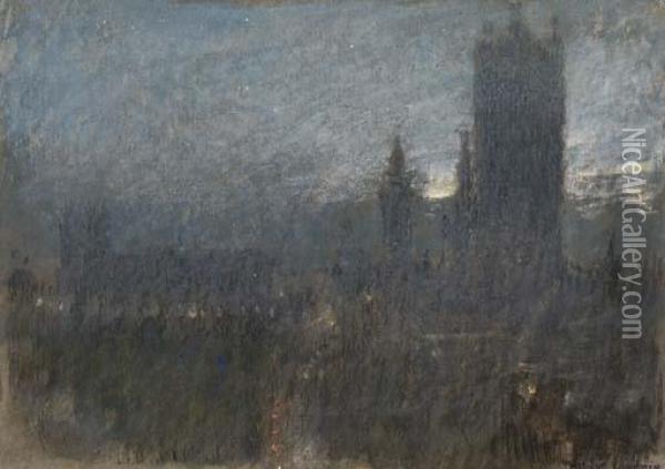 Darkened London, Westminster, Dawn Oil Painting - Albert Goodwin