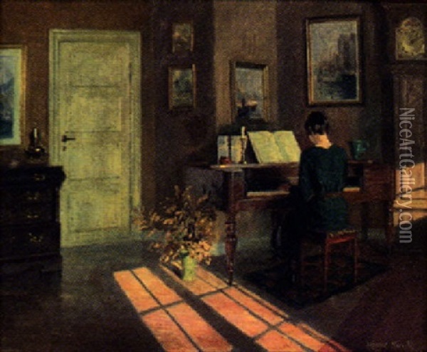 Interior Med Pianospelande Kvinna Oil Painting - Robert Panitzsch