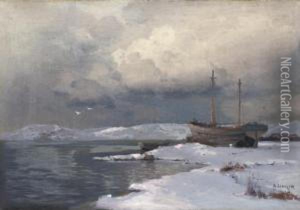 A Winter Landscape With A Two-masted Boat Oil Painting - Aleksei Vasilievich Hanzen