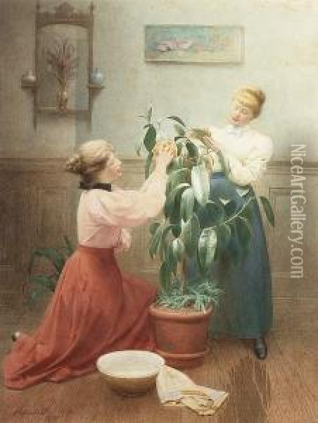 Cleaning The Rubber Plant Oil Painting - George Ames Aldrich