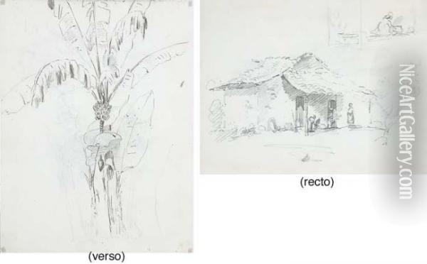 Figures In Front Of A Hut, With 
Studies Of Two Figures Cooking, Onekneeling (recto); A Palm Tree (verso) Oil Painting - Camille Pissarro