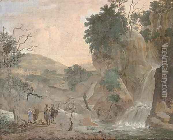 A mountainous river landscape with travellers by a waterfall Oil Painting - Jacob De Heusch