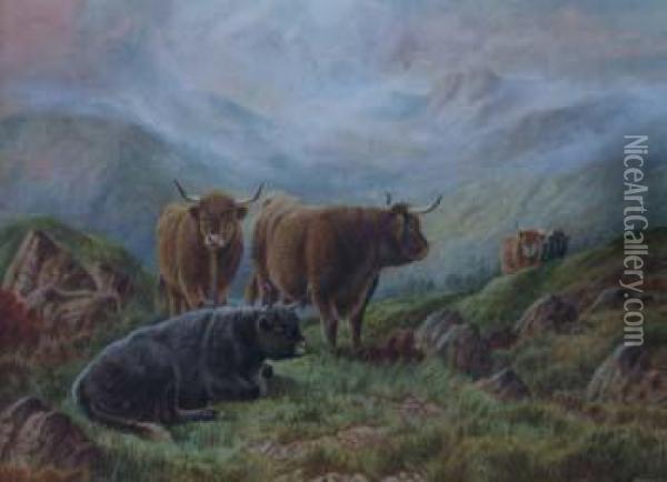 Highland Cattle In Landscape Oil Painting - William Perring Hollyer