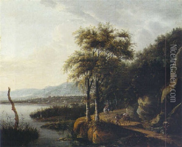 A Rocky River Landscape With A Horseman And Travellers On A Track And Bridge Oil Painting - Frederick De Moucheron