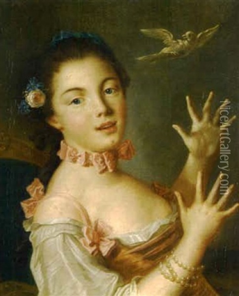 Jeune Femme A La Tourterelle Oil Painting - Francois Hubert Drouais