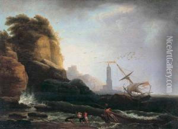 Paesaggio Costiero Con Il Mare In Tempesta, Veliero E Pescatori Oil Painting - Francesco Fidanza