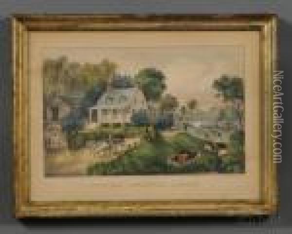 American Homestead Summer Oil Painting - Currier & Ives Publishers