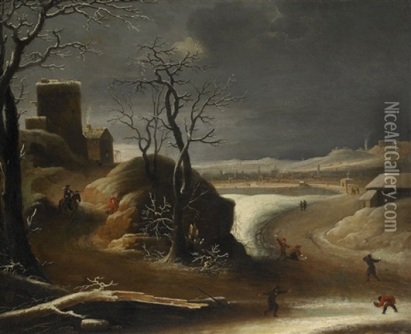 Vinterlandskap Med Figurer Oil Painting - Abraham Beerstraten