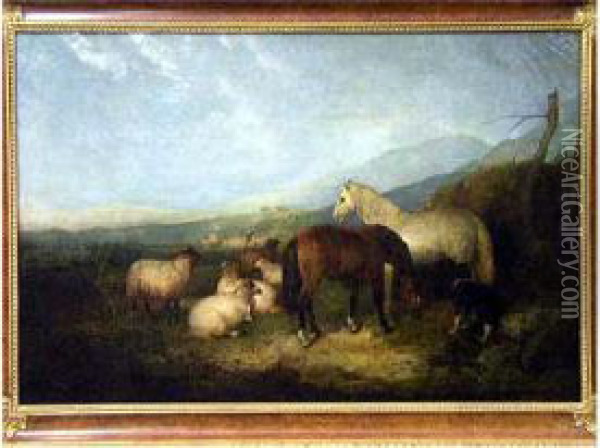 Sheep Horses And Dogs In Landscape Oil Painting - Robert Watson