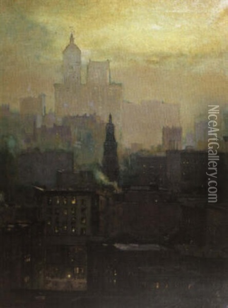 Twilight Skyline, New York City Oil Painting - Paul Cornoyer