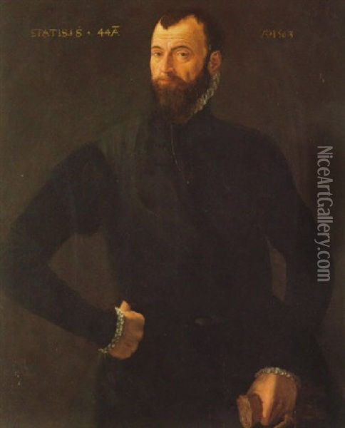 Portrait Of A Gentleman Holding A Glove Oil Painting - Antonis Mor Van Dashorst