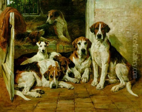 Hours Of Idleness - Foxhounds And A Terrier In A Kennel Oil Painting - John Emms