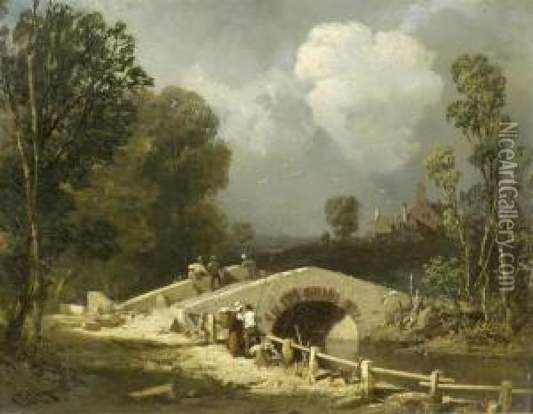 Italian Landscape With A Bridge Oil Painting - Charles Hoguet