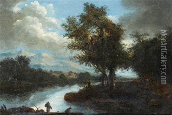 Paysage De Riviere Avec Pecheurs Oil Painting - Lazare (Eleazard) Bruandet