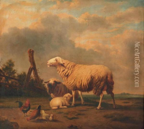 Two Sheep With A Lamb And Three Chickens In A Landscape Oil Painting - Eugene Joseph Verboeckhoven