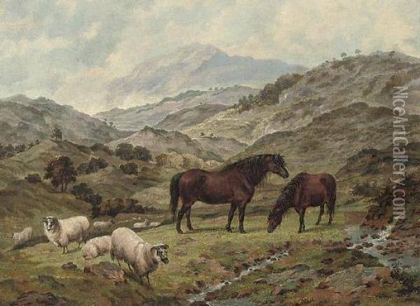 Scotch Ponies And Sheep In A Landscape Oil Painting - Dean Wolstenholme, Snr.