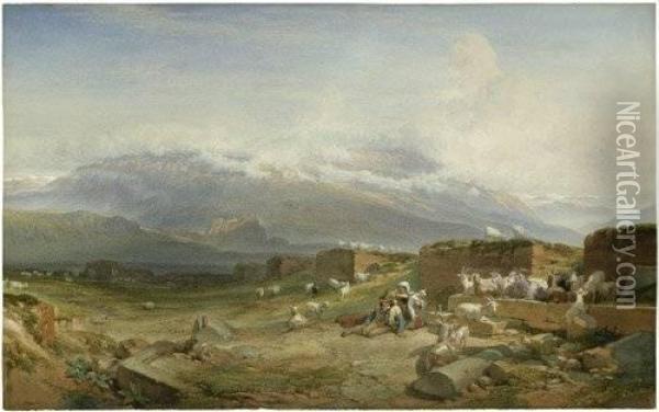 Ziegenhirten Vor Antiken Ruinen In Den Abruzzen Oil Painting - Carl Hummel