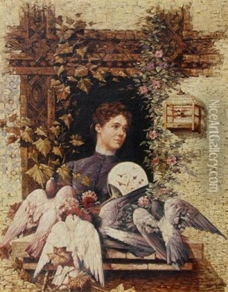 Dama De Las Palomas (lady Of The Doves) Oil Painting - Jose Moreno Carbonero