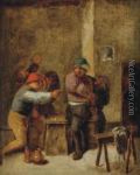 Peasants Brawling In An Interior Oil Painting - Adriaen Brouwer