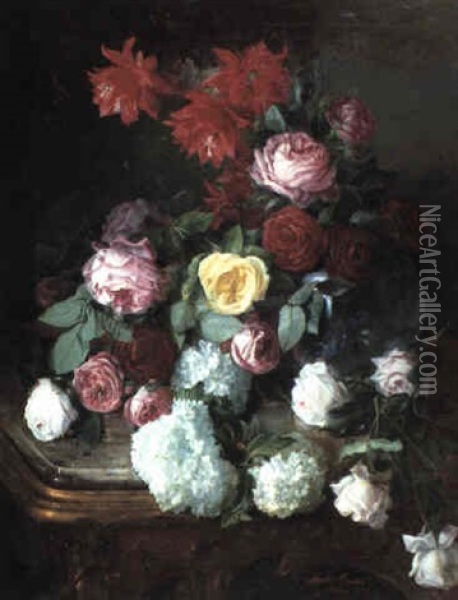 Still Life With Flowers On A Marble Table Oil Painting - Jose Maria Bracho Murillo