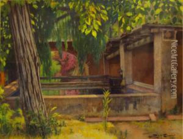 <jardin Con Balsa>. Med.: 48 X 63 Cm Oil Painting - Lluis Roig Ensenat