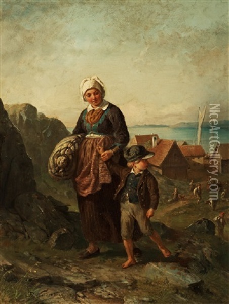 Fisherwoman With Boy Oil Painting - Bengt Nordenberg