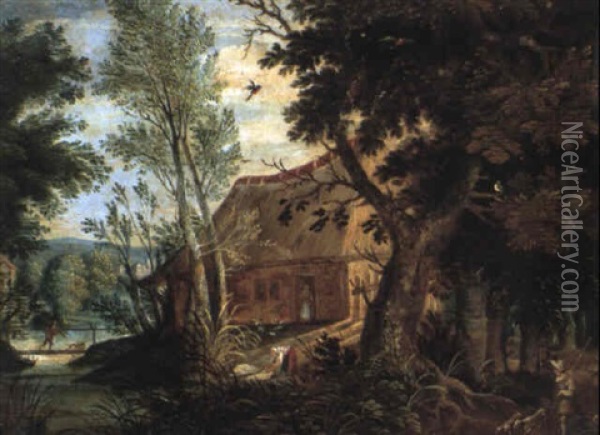 Wooded Landscape With A Huntsman And His Dogs Outside A Cottage Oil Painting - Isaac Van Oosten