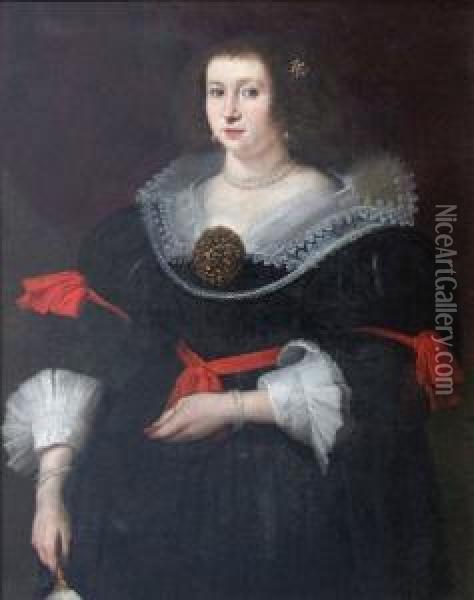 Portrait De Femme A Robe De Dentelle Et Ruban Rouge Oil Painting - Cornelis De Vos