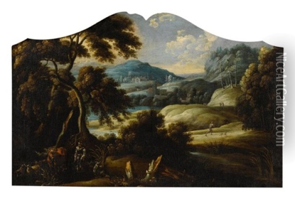 A Landscape With A Shepherd With His Cattle And Sheep, A Village And Mountains Beyond Oil Painting - Franz Christoph Janneck