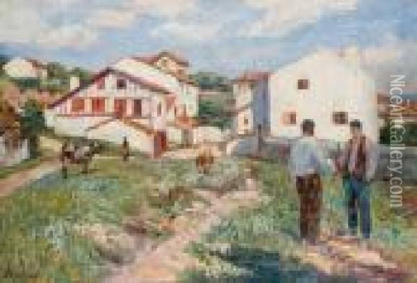 Farmers In A Summer Landscape Oil Painting - Louis Floutier