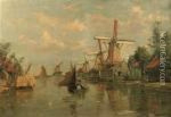 Zicht Op De Zaan: Mills Along The River Zaan Oil Painting - Frans Courtens