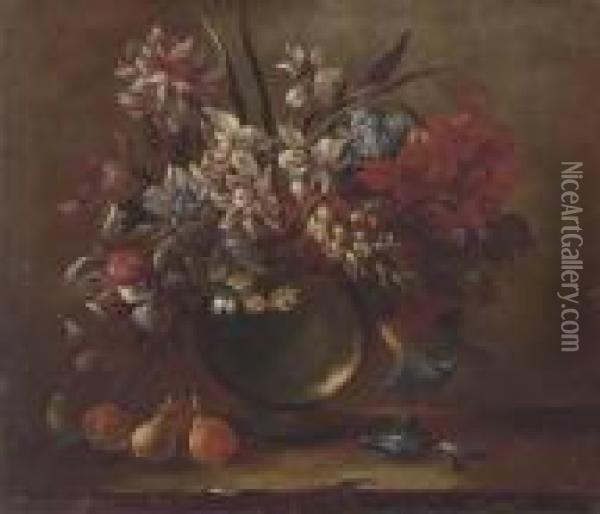 Tulips, Carnations, Convolvulus,
 Narcissi And Other Flowers In Aglass Vase On A Ledge With Pears Oil Painting - Gasparo Lopez