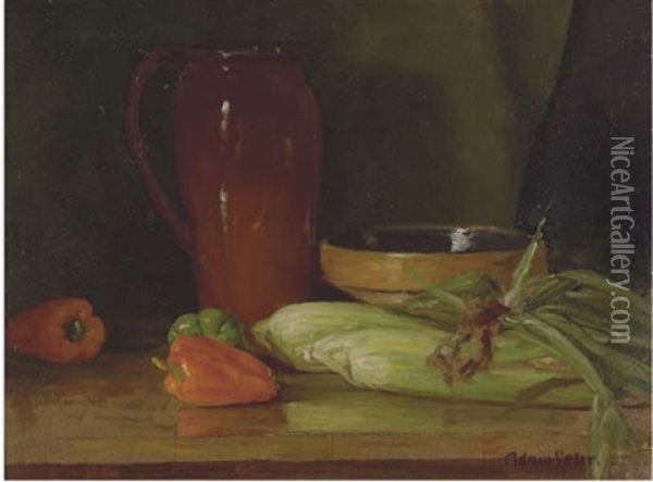 Still Life Of Corn And Peppers On A Table (+ Still Life Of A Basket Of Peaches, Verso) Oil Painting - Adam Lehr