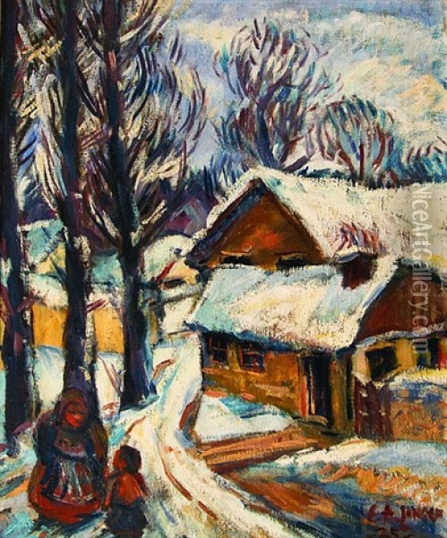 Winter In Village Oil Painting - Emil Arthur Pittermann Longen