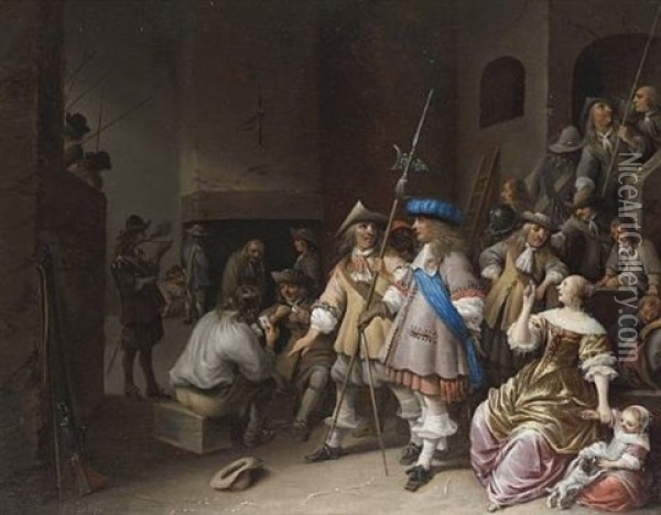A Guardroom Interior With A Company Of Pikemen, Card Players And A Woman And Child Oil Painting - Anthonie Palamedesz