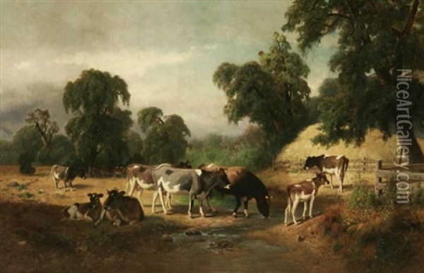 Cows By A Stream In A Wooded Pasture Oil Painting - William Hahn