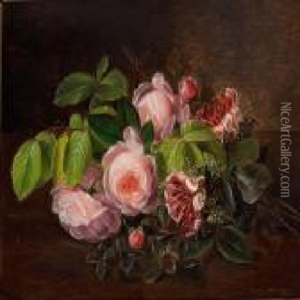 A Bunch Of Pink Roses, Caprifolium And Beech Twigs Oil Painting - I.L. Jensen